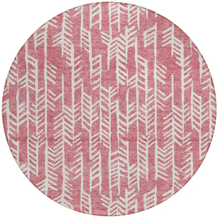 8' Blush And Ivory Round Tribal Washable Indoor Outdoor Area Rug Photo 6