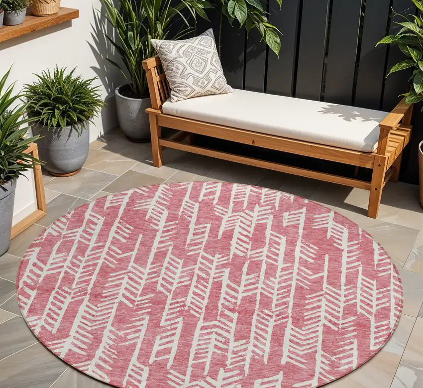 8' Blush And Ivory Round Tribal Washable Indoor Outdoor Area Rug Photo 1