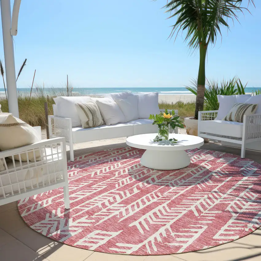 8' Blush And Ivory Round Tribal Washable Indoor Outdoor Area Rug Photo 7