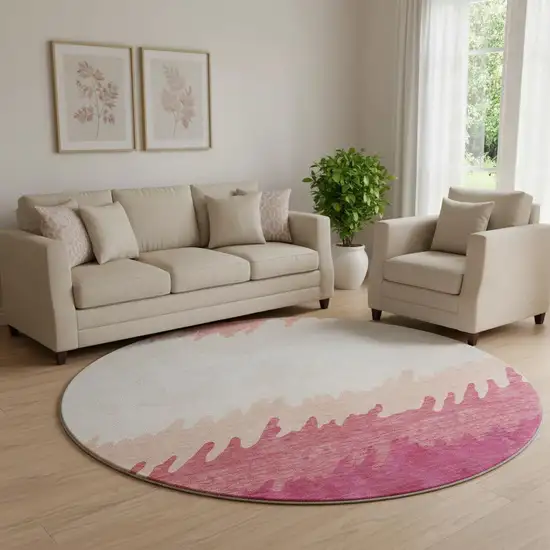 8' Blush And Ivory Striped Washable Round Rug With UV Protection Photo 1