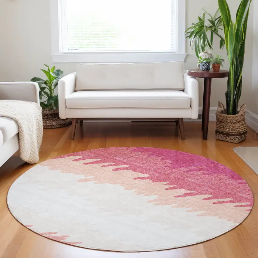 8' Blush And Ivory Striped Washable Round Rug With UV Protection Photo 5