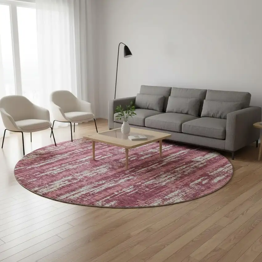 8' Blush And Ivory Striped Washable Round Rug With UV Protection Photo 2