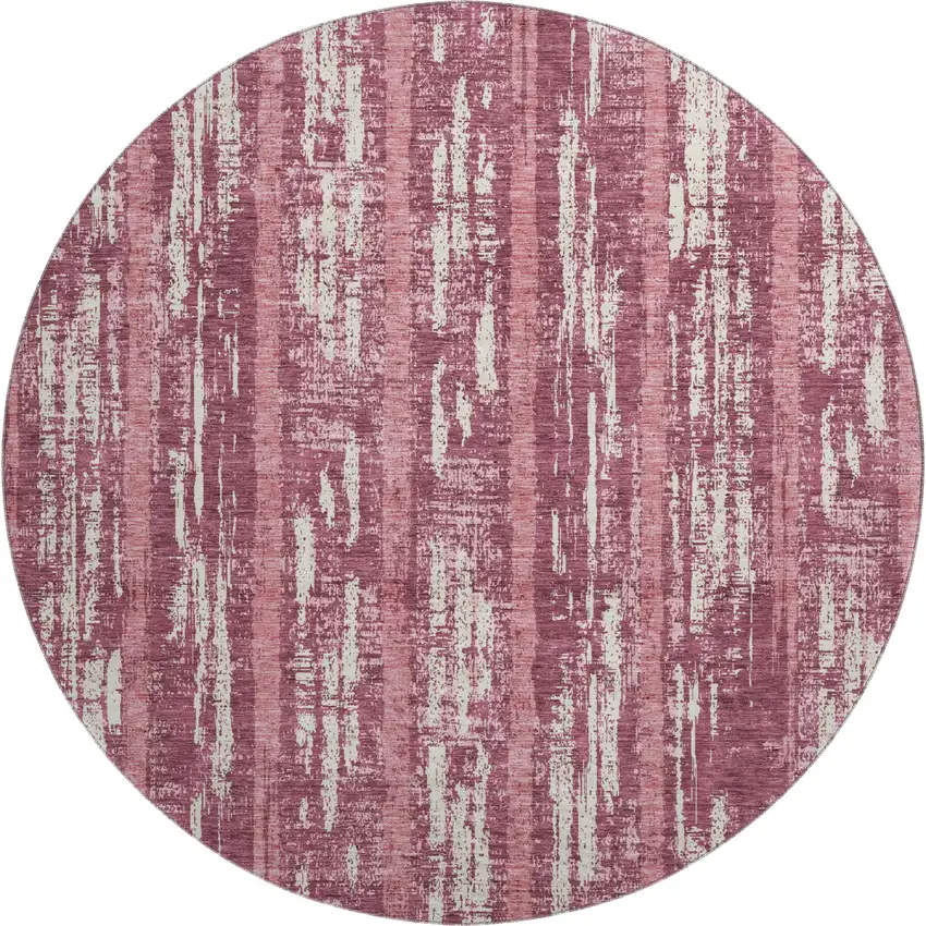 8' Blush And Ivory Striped Washable Round Rug With UV Protection Photo 1