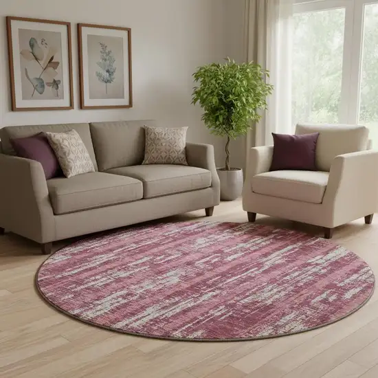8' Blush And Ivory Striped Washable Round Rug With UV Protection Photo 1