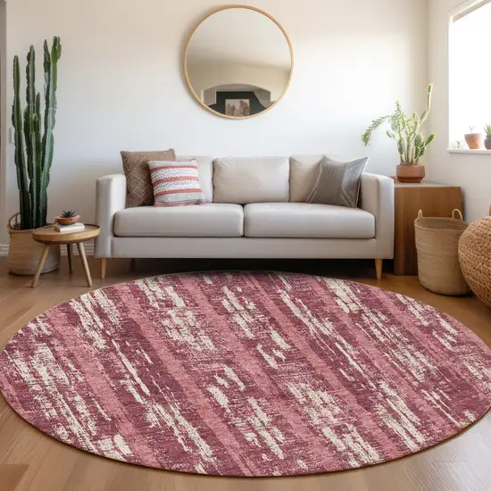8' Blush And Ivory Striped Washable Round Rug With UV Protection Photo 5