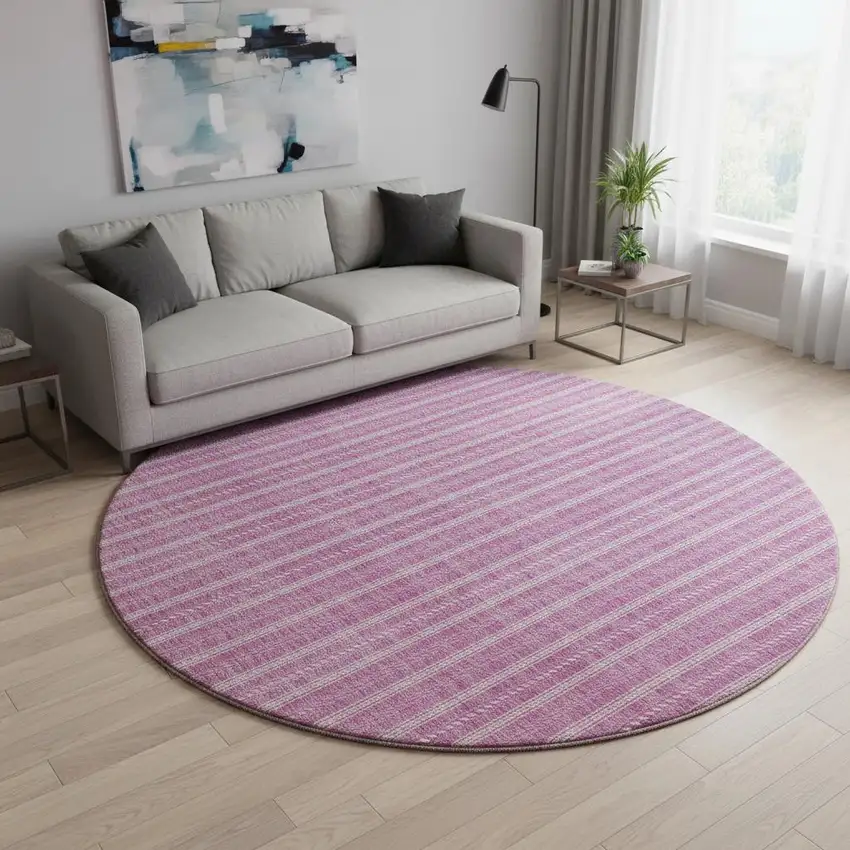 8' Blush And Ivory Striped Washable Round Rug With UV Protection Photo 2