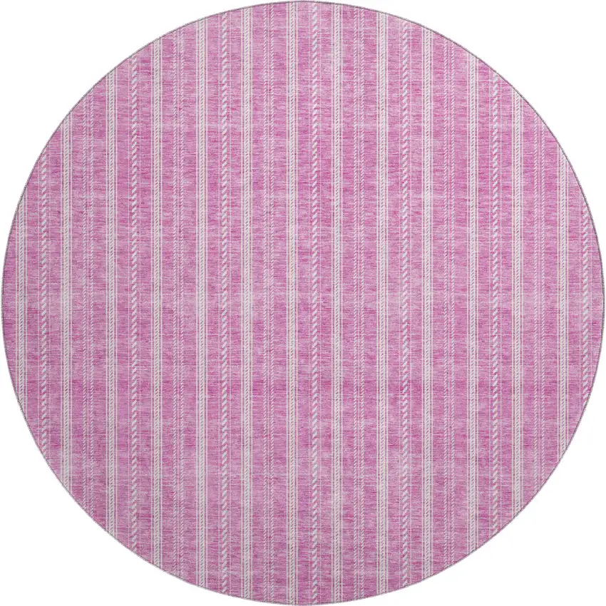 8' Blush And Ivory Striped Washable Round Rug With UV Protection Photo 1