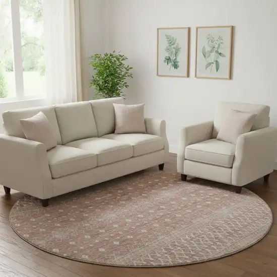 8' Blush And Ivory Tribal Washable Round Rug With UV Protection Photo 1