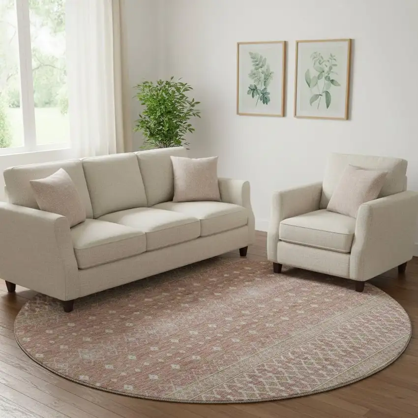 8' Blush And Ivory Tribal Washable Round Rug With UV Protection Photo 1