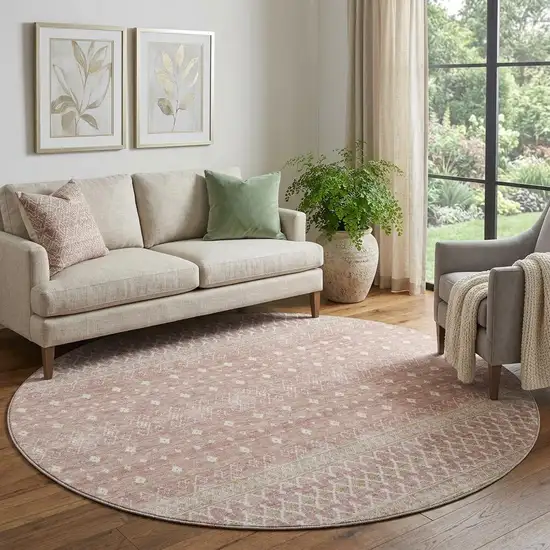 8' Blush And Ivory Tribal Washable Round Rug With UV Protection Photo 1
