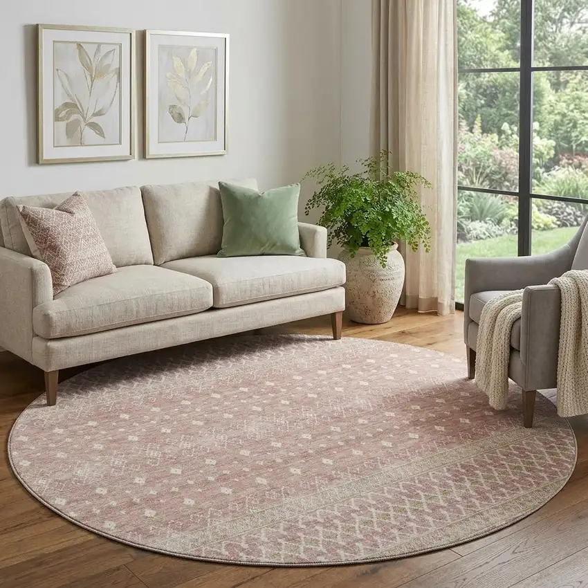 8' Blush And Ivory Tribal Washable Round Rug With UV Protection Photo 1