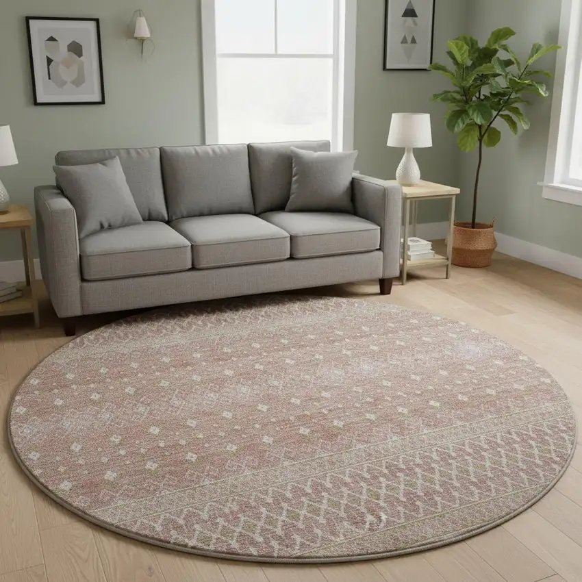 8' Blush And Ivory Tribal Washable Round Rug With UV Protection Photo 2
