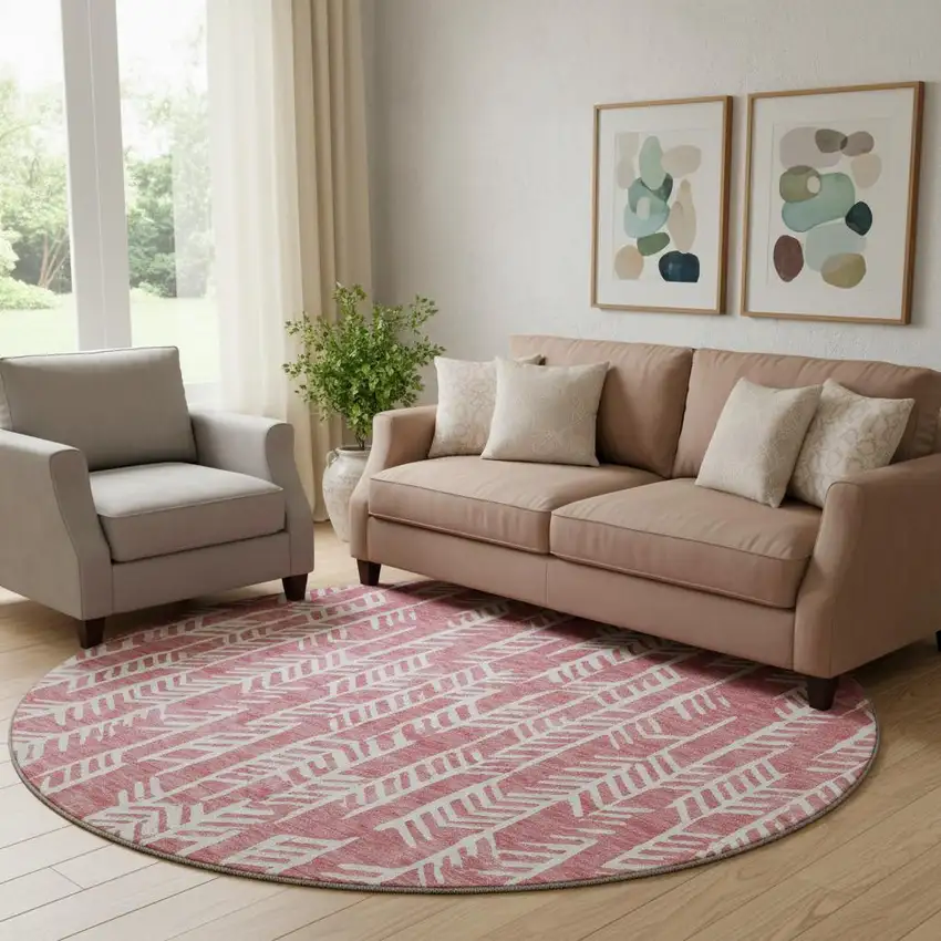 8' Blush And Ivory Tribal Washable Round Rug With UV Protection Photo 1