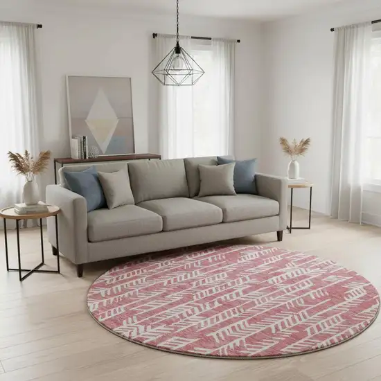 8' Blush And Ivory Tribal Washable Round Rug With UV Protection Photo 2