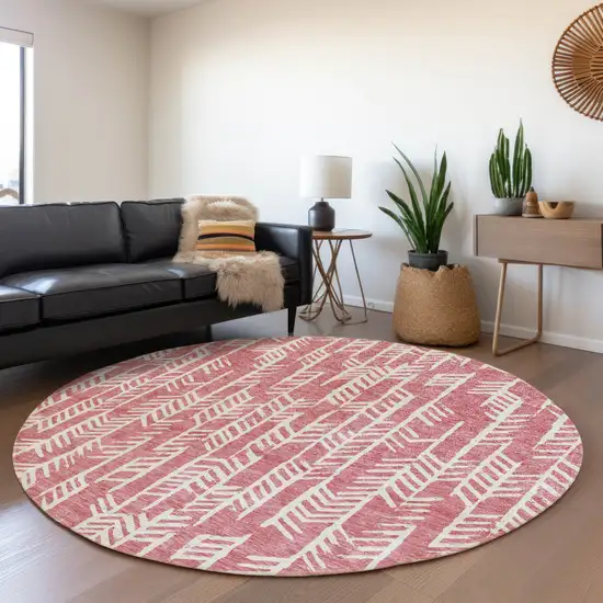 8' Blush And Ivory Tribal Washable Round Rug With UV Protection Photo 5