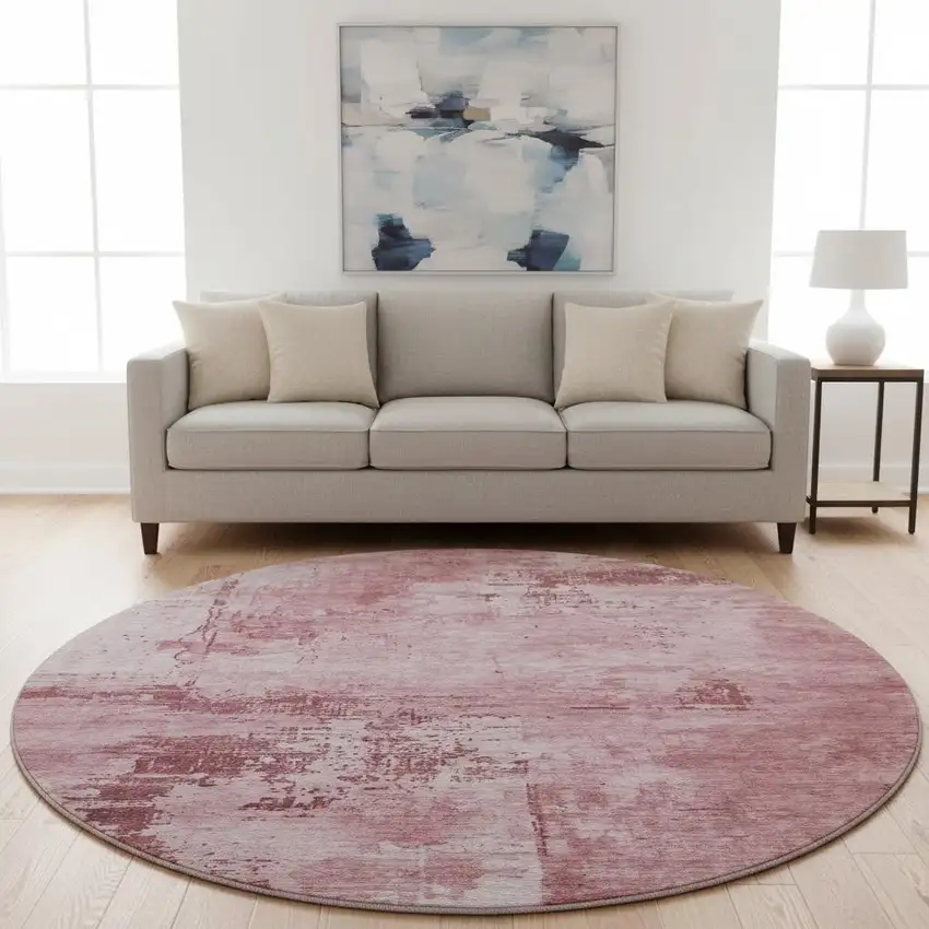 8' Blush And Mauve Abstract Washable Round Rug With UV Protection Photo 2