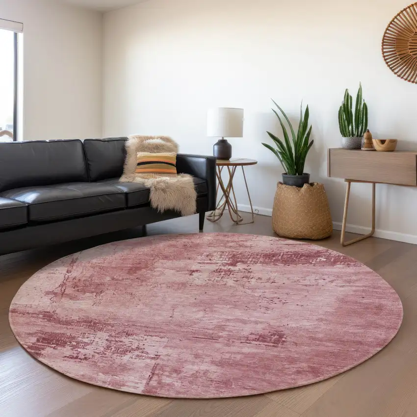 8' Blush And Mauve Abstract Washable Round Rug With UV Protection Photo 3