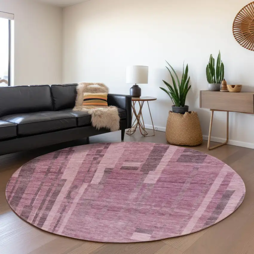8' Blush And Mauve Striped Washable Round Rug With UV Protection Photo 4