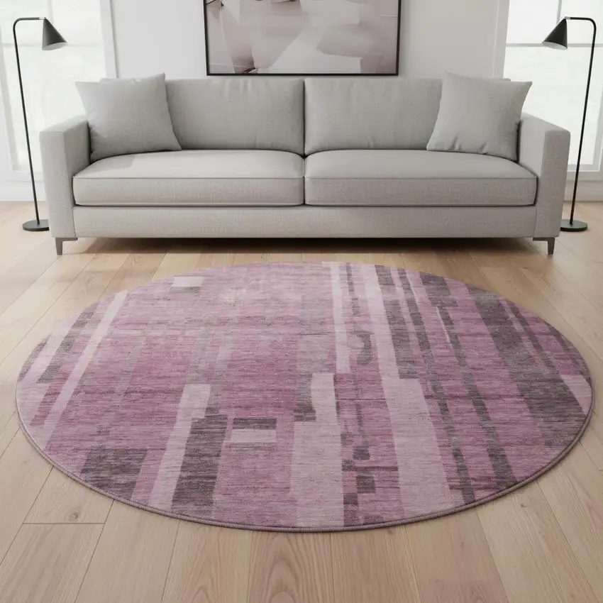 8' Blush And Mauve Striped Washable Round Rug With UV Protection Photo 2