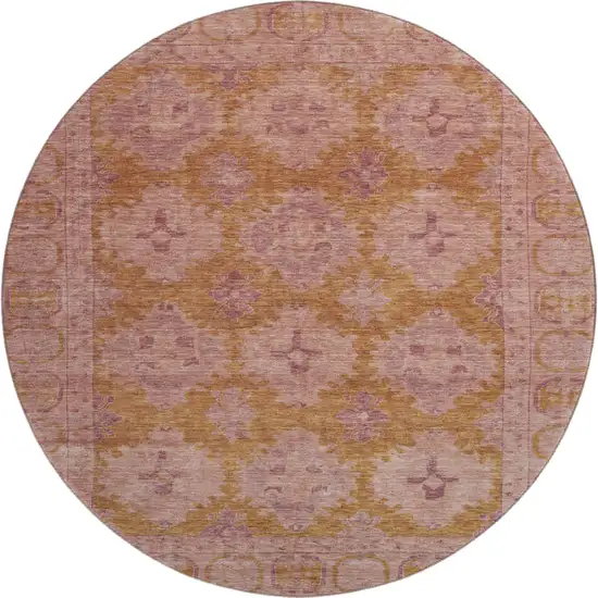 8' Blush And Orange Oriental Washable Round Rug With UV Protection Photo 1