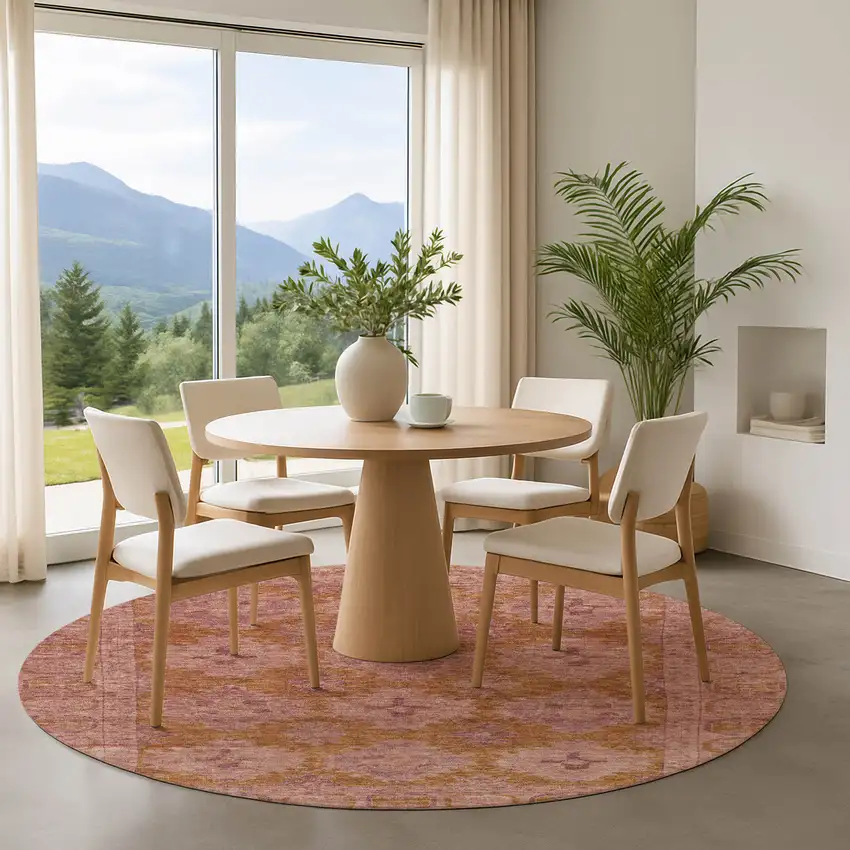 8' Blush And Orange Oriental Washable Round Rug With UV Protection Photo 4