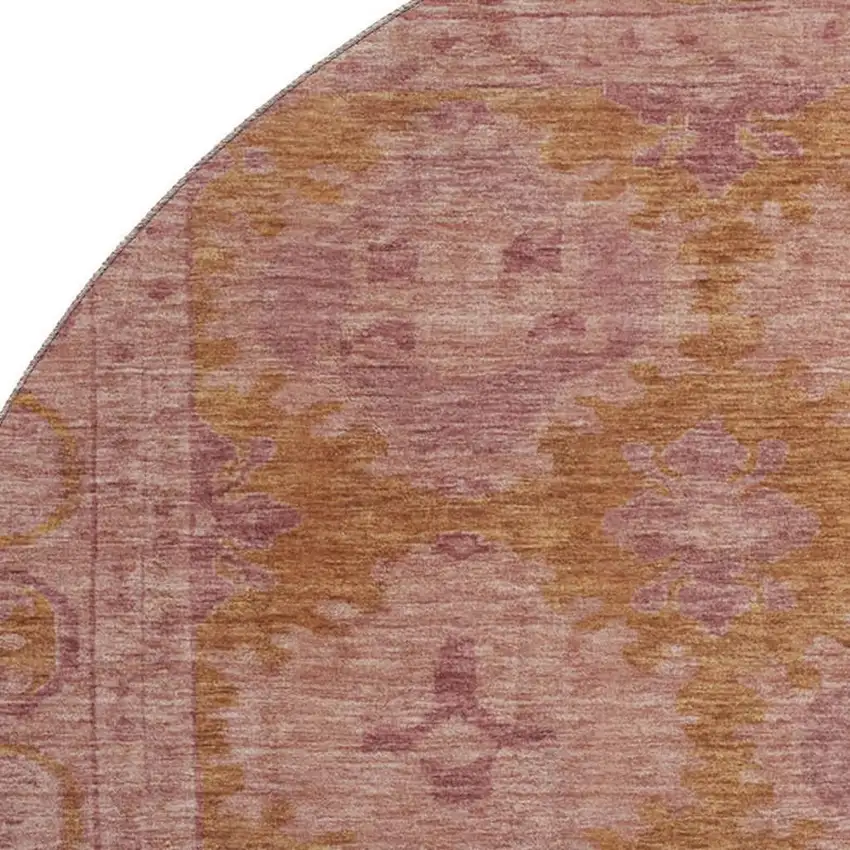 8' Blush And Orange Oriental Washable Round Rug With UV Protection Photo 2