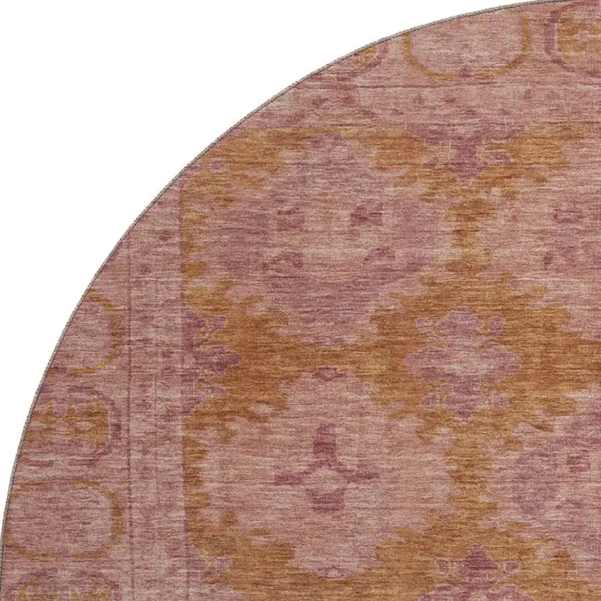 8' Blush And Orange Oriental Washable Round Rug With UV Protection Photo 3