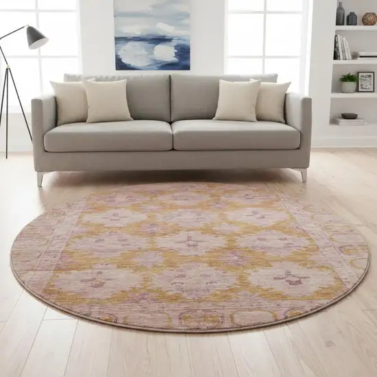 8' Blush And Orange Oriental Washable Round Rug With UV Protection Photo 2