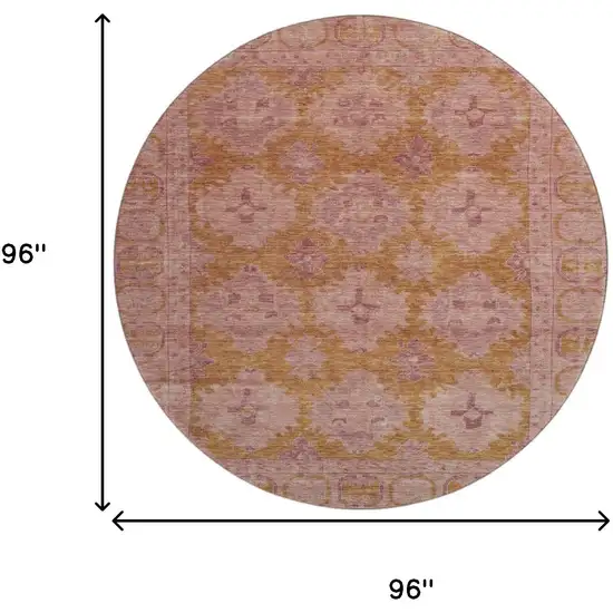 8' Blush And Orange Oriental Washable Round Rug With UV Protection Photo 9