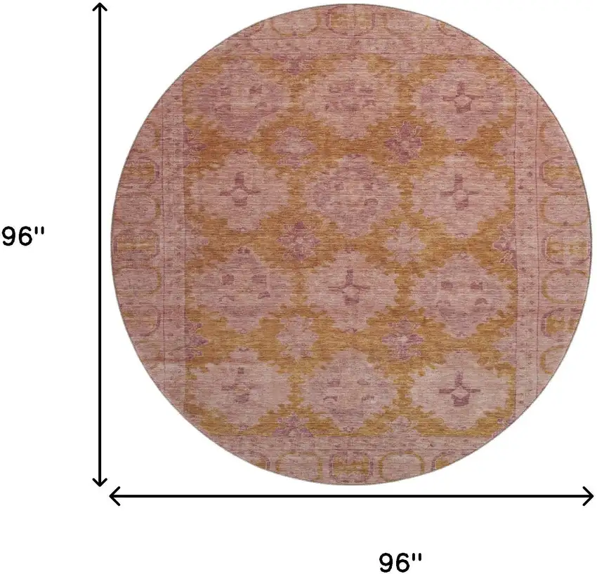 8' Blush And Orange Oriental Washable Round Rug With UV Protection Photo 9