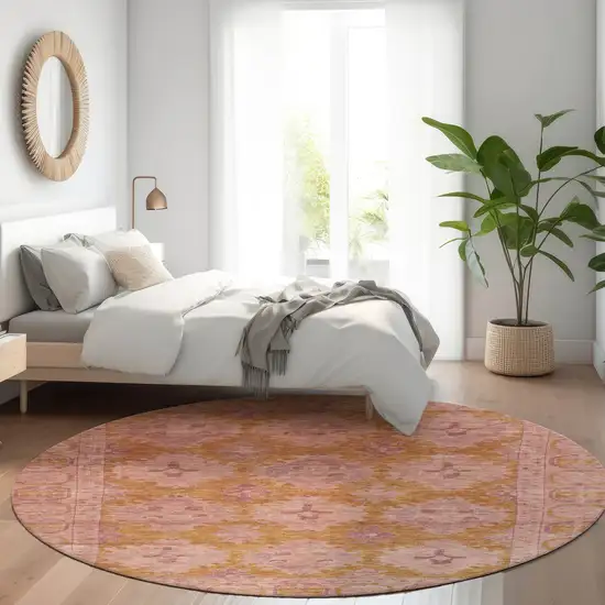 8' Blush And Orange Round Damask Washable Indoor Outdoor Area Rug Photo 7