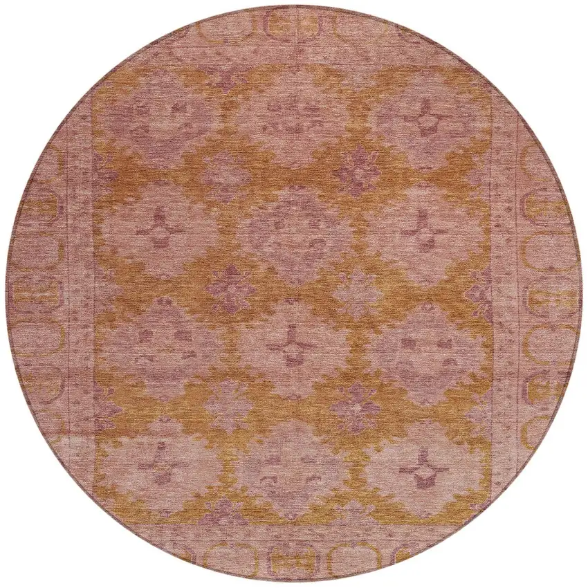 8' Blush And Orange Round Damask Washable Indoor Outdoor Area Rug Photo 3