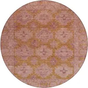 Photo of 8' Blush And Orange Round Damask Washable Indoor Outdoor Area Rug