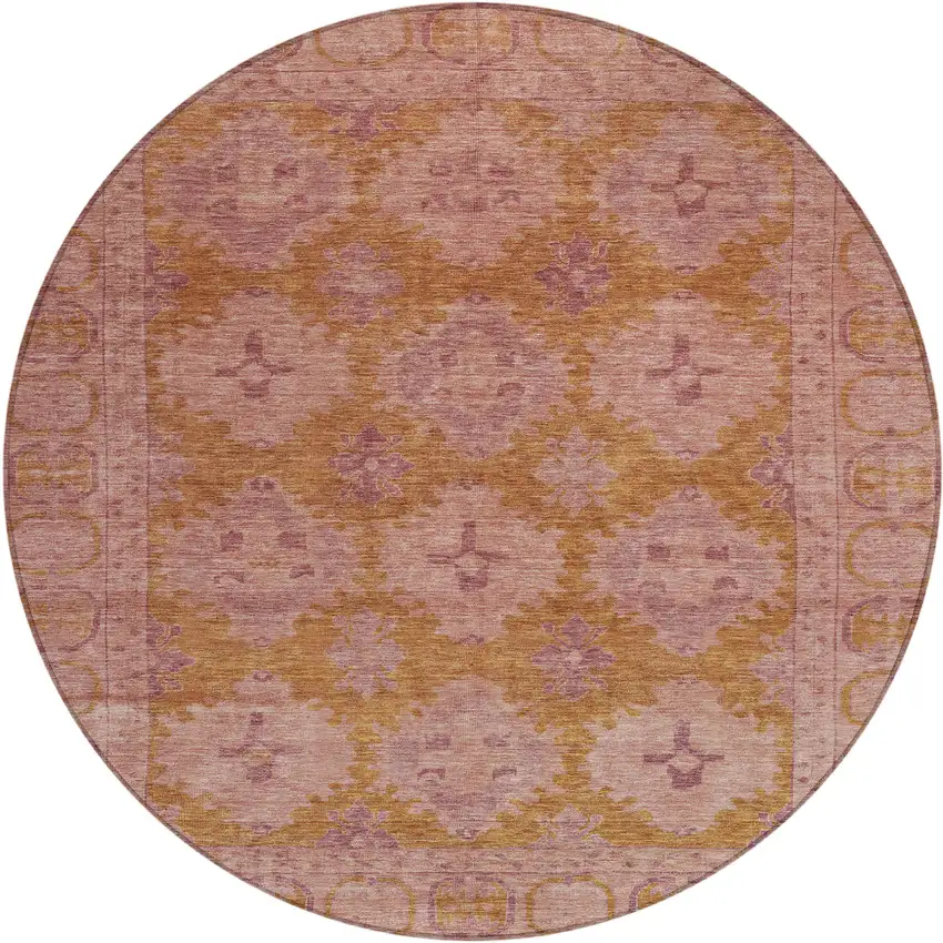 8' Blush And Orange Round Damask Washable Indoor Outdoor Area Rug Photo 1