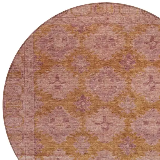 8' Blush And Orange Round Damask Washable Indoor Outdoor Area Rug Photo 4