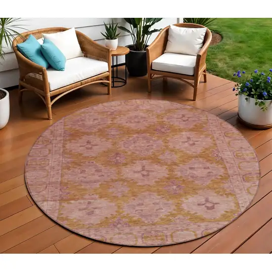 8' Blush And Orange Round Damask Washable Indoor Outdoor Area Rug Photo 2