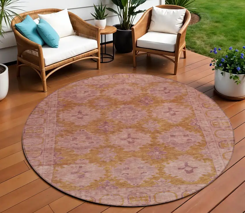 8' Blush And Orange Round Damask Washable Indoor Outdoor Area Rug Photo 2