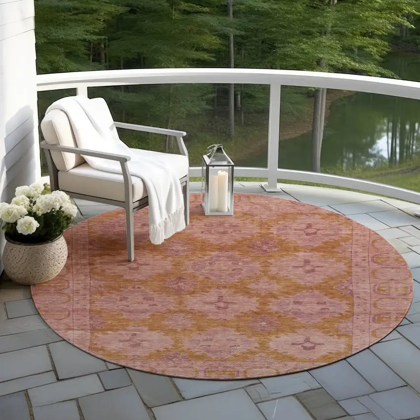 8' Blush And Orange Round Damask Washable Indoor Outdoor Area Rug Photo 6