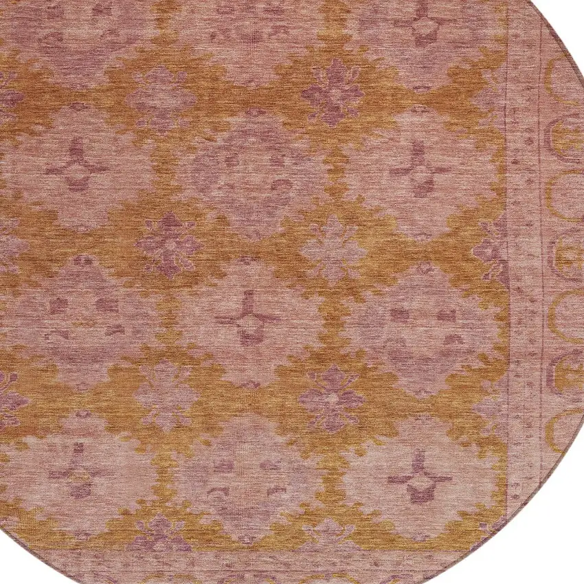 8' Blush And Orange Round Damask Washable Indoor Outdoor Area Rug Photo 9