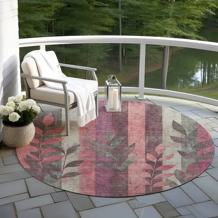 8' Blush And Pale Aqua Round Floral Washable Indoor Outdoor Area Rug Photo 6