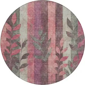 Photo of 8' Blush And Pale Aqua Round Floral Washable Indoor Outdoor Area Rug