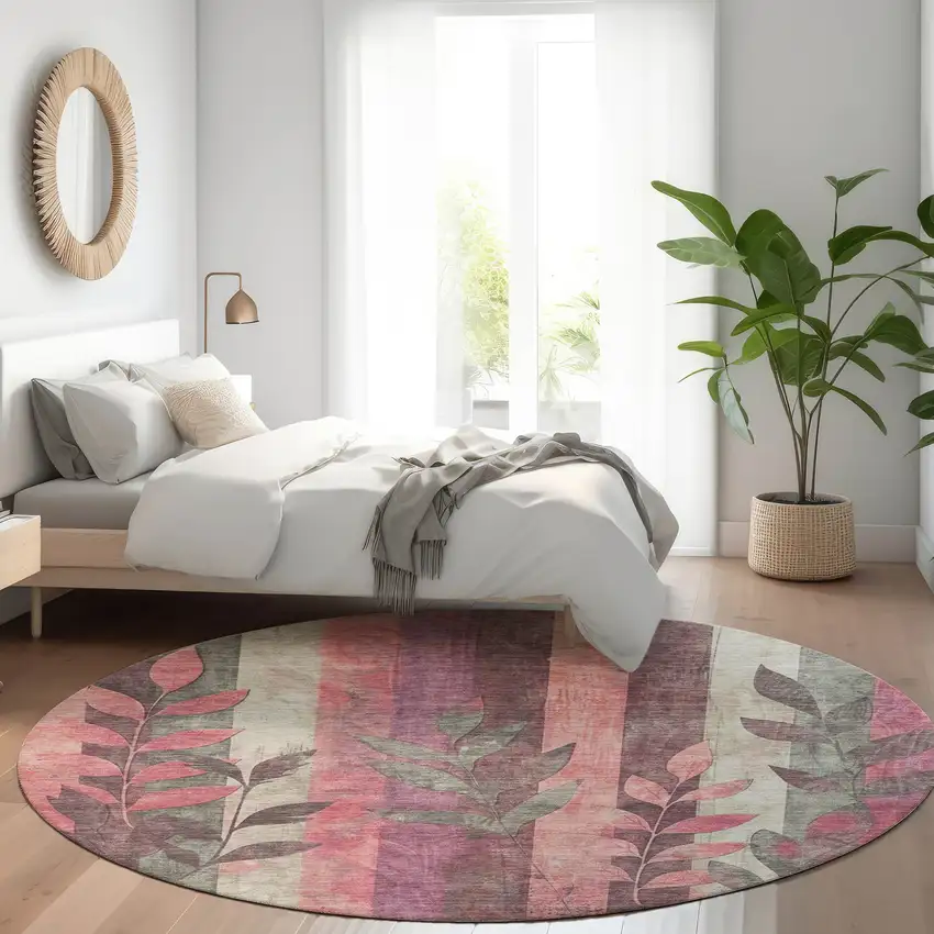 8' Blush And Pale Aqua Round Floral Washable Indoor Outdoor Area Rug Photo 7