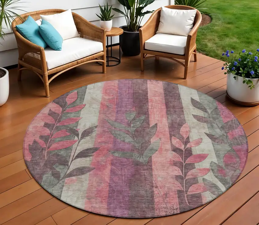 8' Blush And Pale Aqua Round Floral Washable Indoor Outdoor Area Rug Photo 2