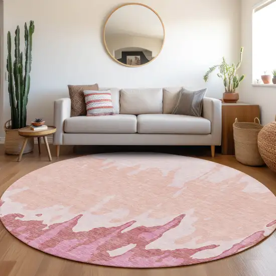 8' Blush And Pink Abstract Washable Round Rug With UV Protection Photo 3