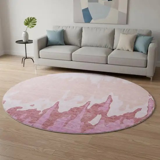 8' Blush And Pink Abstract Washable Round Rug With UV Protection Photo 2