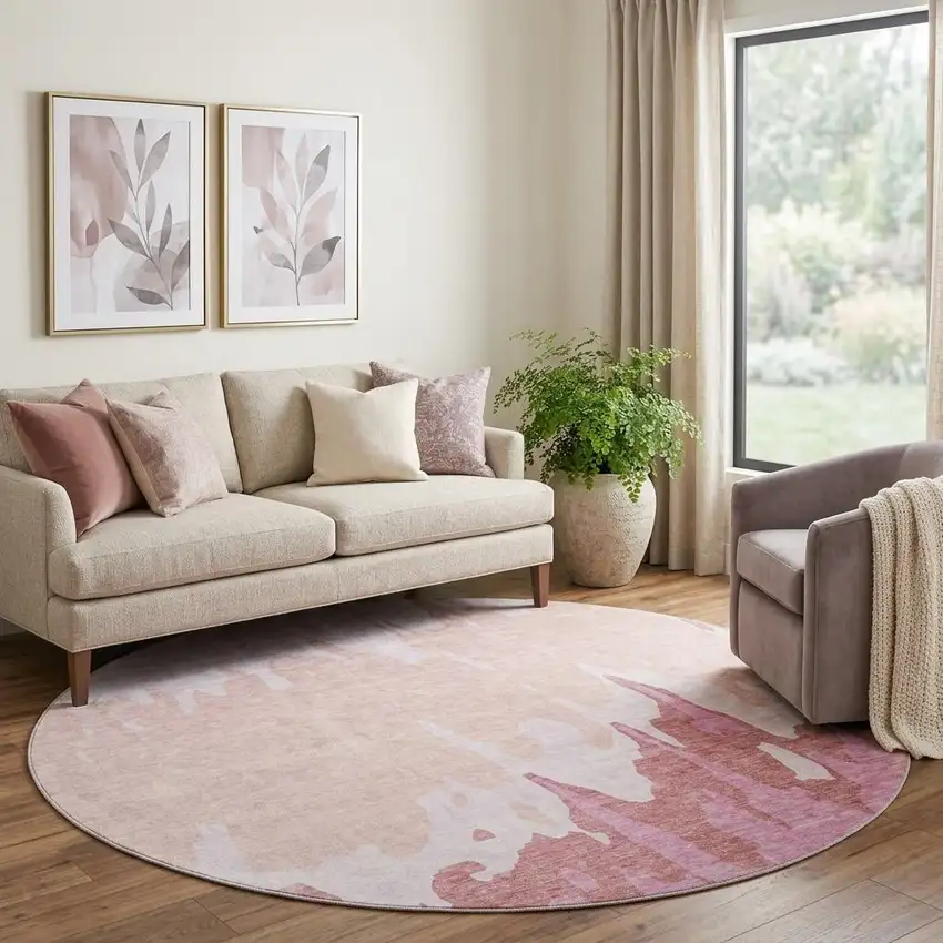 8' Blush And Pink Abstract Washable Round Rug With UV Protection Photo 1