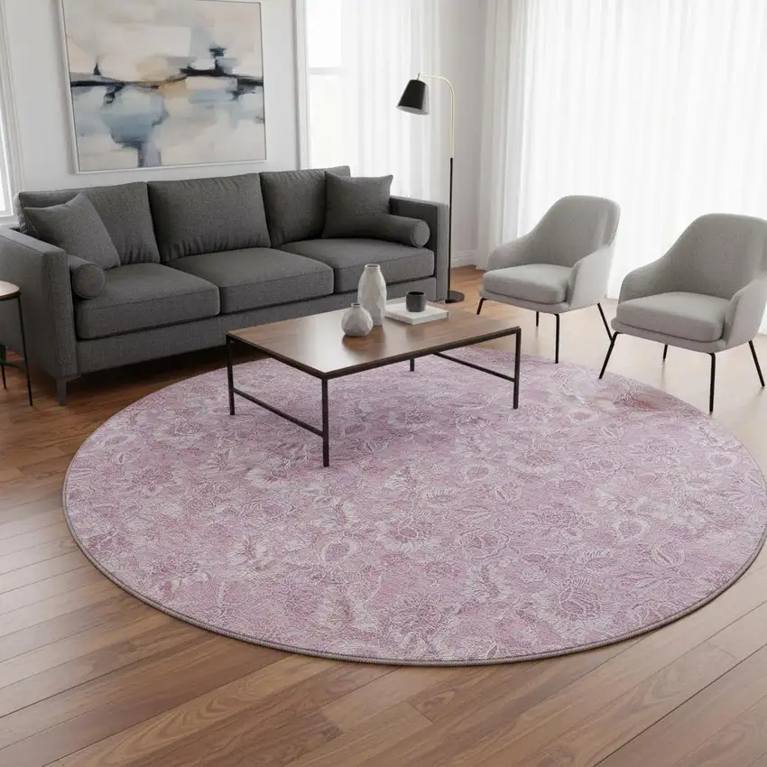 8' Blush And Pink Floral Washable Round Rug With UV Protection Photo 2