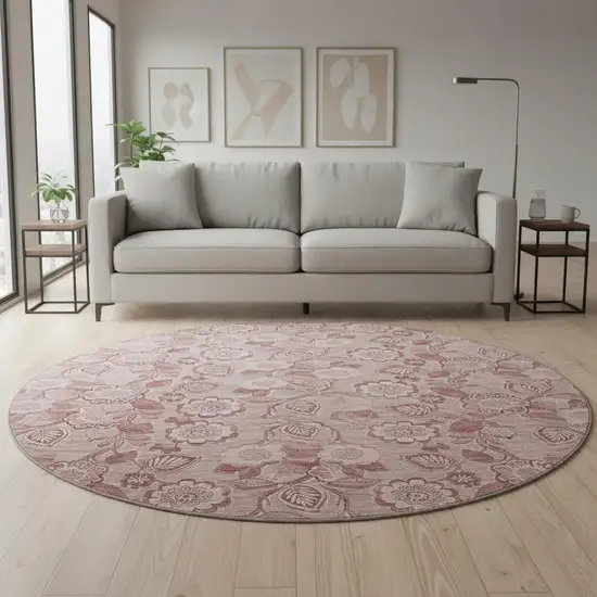 8' Blush And Pink Floral Washable Round Rug With UV Protection Photo 2