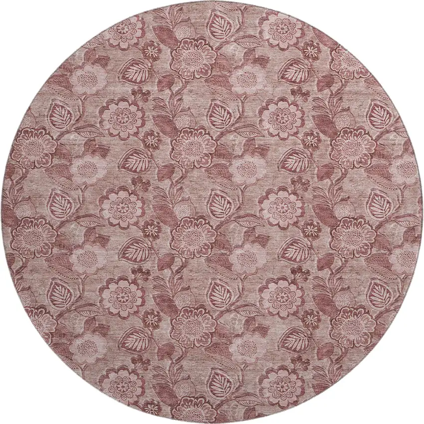 8' Blush And Pink Floral Washable Round Rug With UV Protection Photo 1