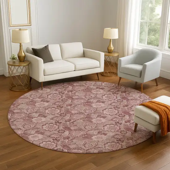 8' Blush And Pink Floral Washable Round Rug With UV Protection Photo 5